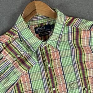Polo Ralph Lauren Pearl Snap Shirt Large Green RL Western Cowboy Flap Pocket